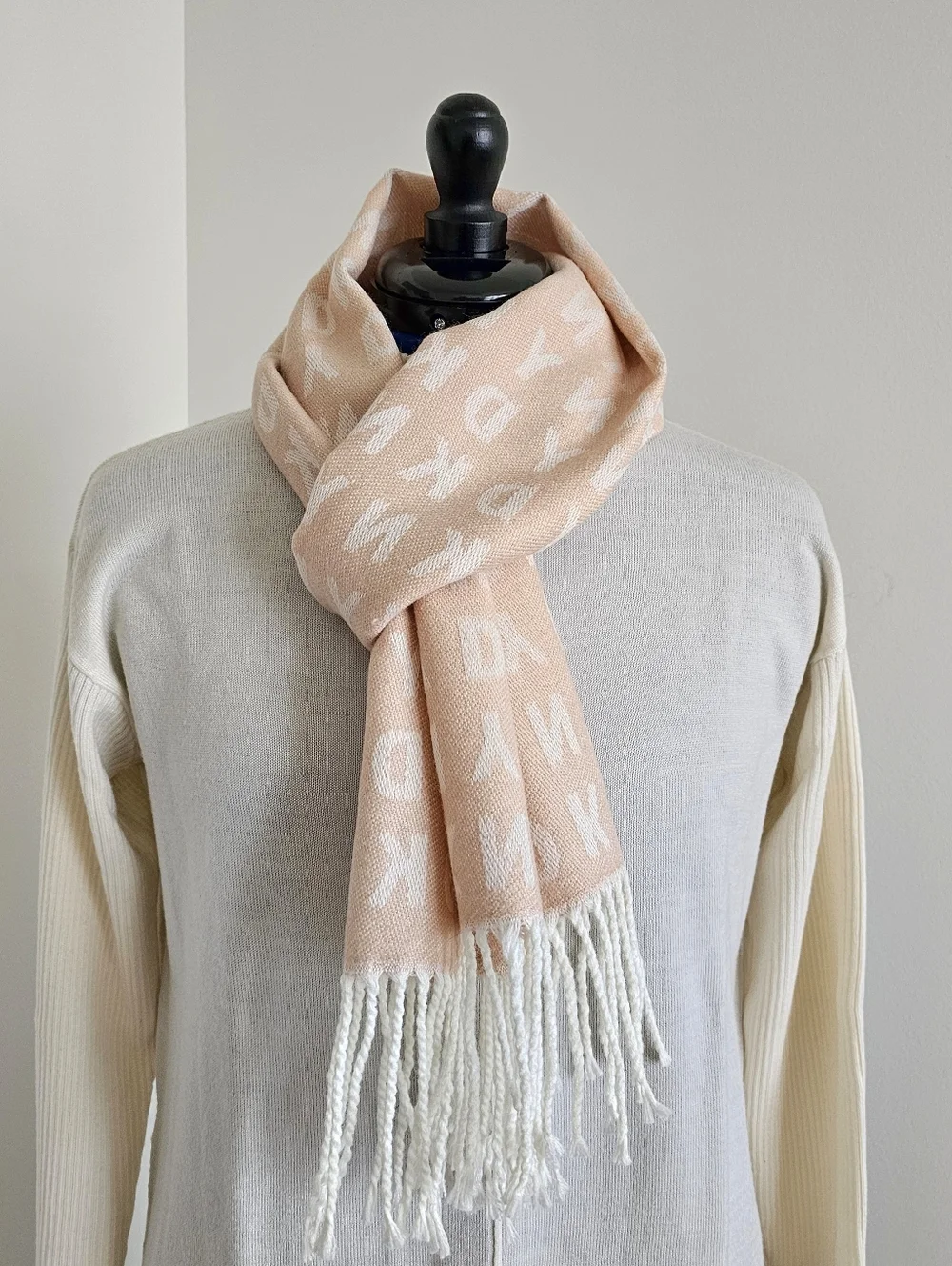 DKNY Logo Fringe Scarf Blush Pink Ivory Soft Cozy Fall Winter Luxe Chic Wrap